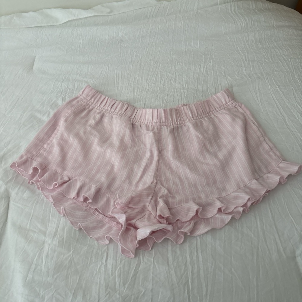 Pink White Stripped Ruffled Women's Sleep Shorts